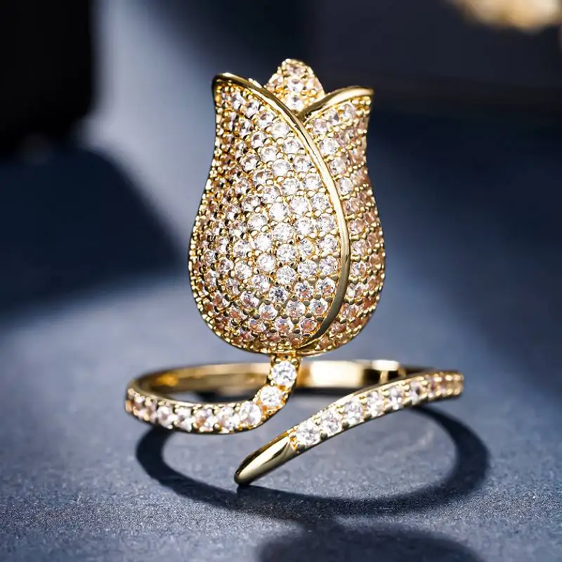 Huitan Funkelnder, tulpenförmiger Damen-Öffnungsring, voller heller CZ-Steine, modisch, für Partys, elegante Hochzeitsaccessoires, bezaubernder Damenschmuck
