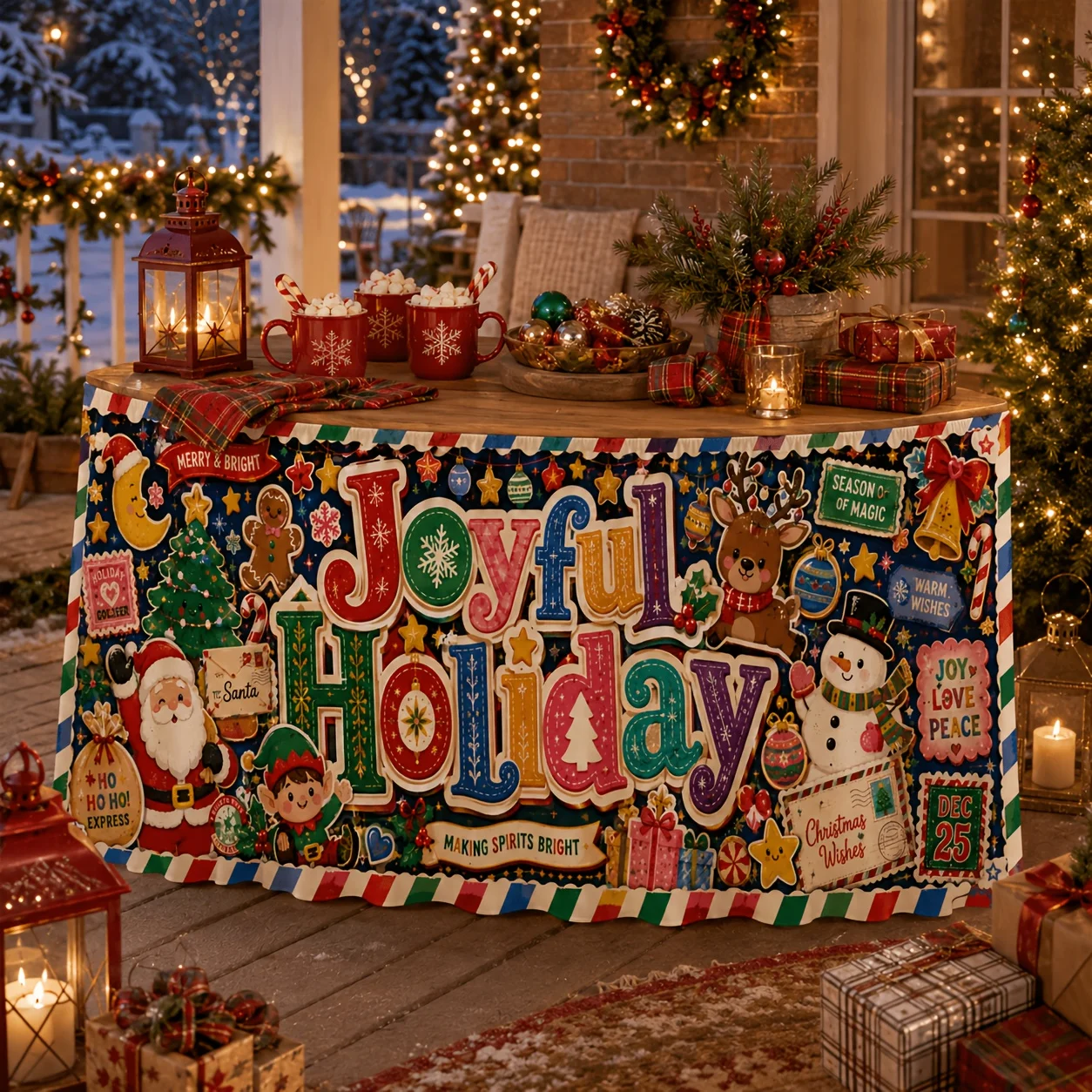 1 tablecloth table skirt, polyester, happy holidays, Santa Claus, snowman, reindeer, gingerbread man, Christmas tree, gifts
