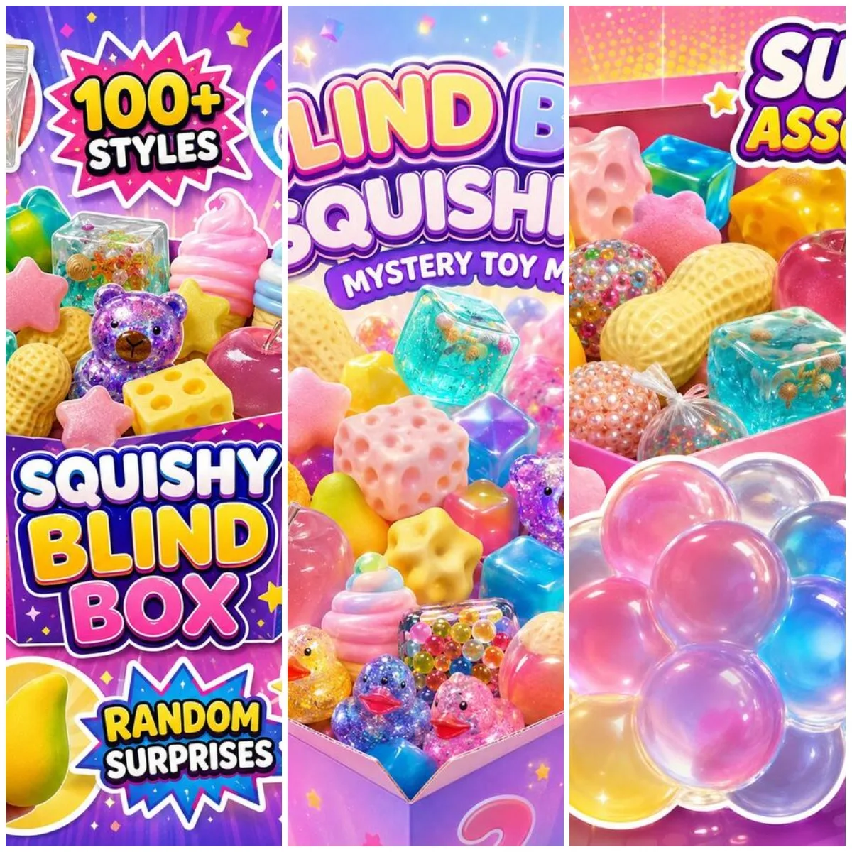 100 piezas de juguetes blandos surtidos en caja ciega de estilo aleatorio, figuras de apretar con forma de cubo de queso, fruta, panecillo suave y gelatina