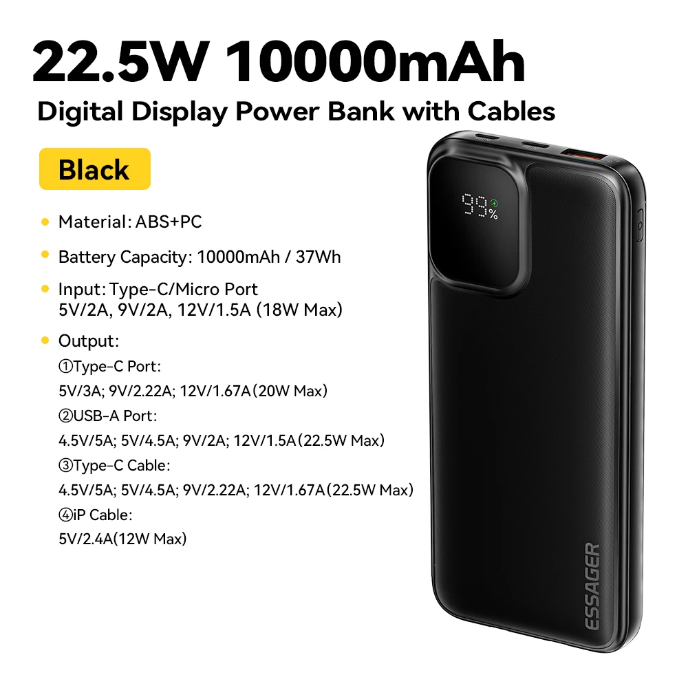 Essager draagbare powerbank 20000 mAh met twee ingebouwde kabels Externe batterij PD 22,5 W snel opladen voor iPhone 17 16 15 Xiaomi
