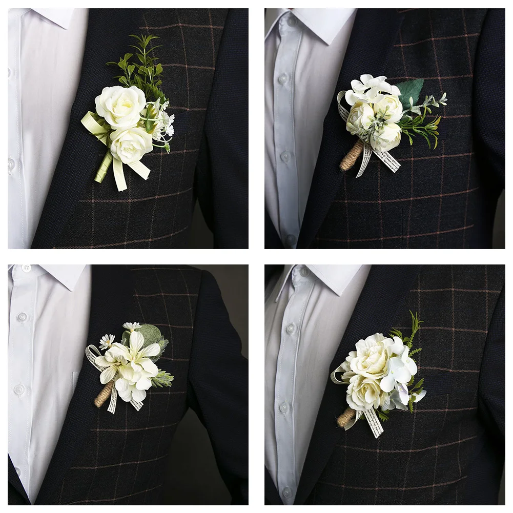 

Изысканный набор из шелковых роз: бутоньерка и корсаж для мужчин и женщин, ручная работа, цветочные аксессуары для особых случаев