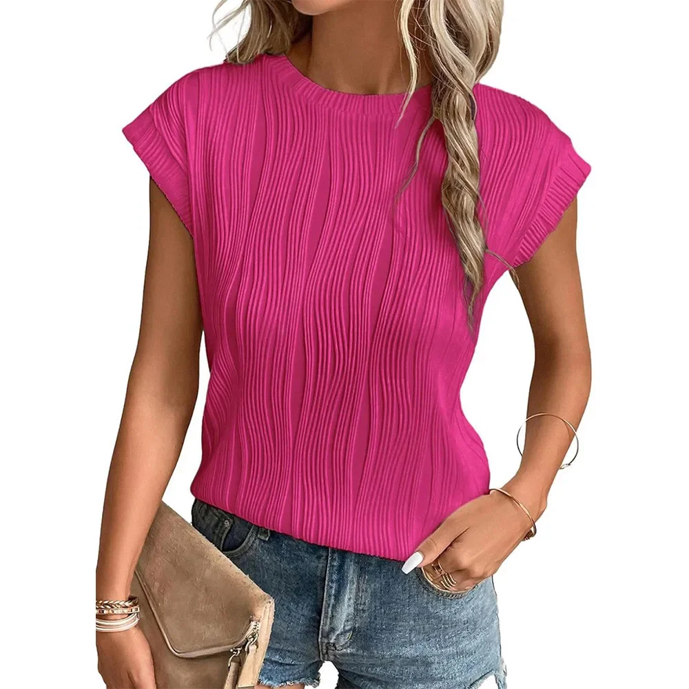 Nice 2025 Woman Women New Round Neck T-Shirts Tops Short Sleeved Textured T-shirt Top For Cross-border Women's Clothing Clothing