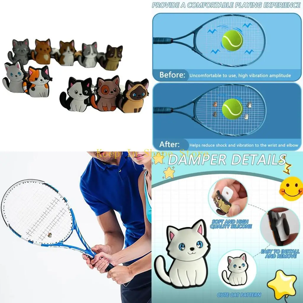 

U1JC Набор из 10 различных теннисных демпферов на тему милых кошек для снижения вибраций и удовольствия от игры