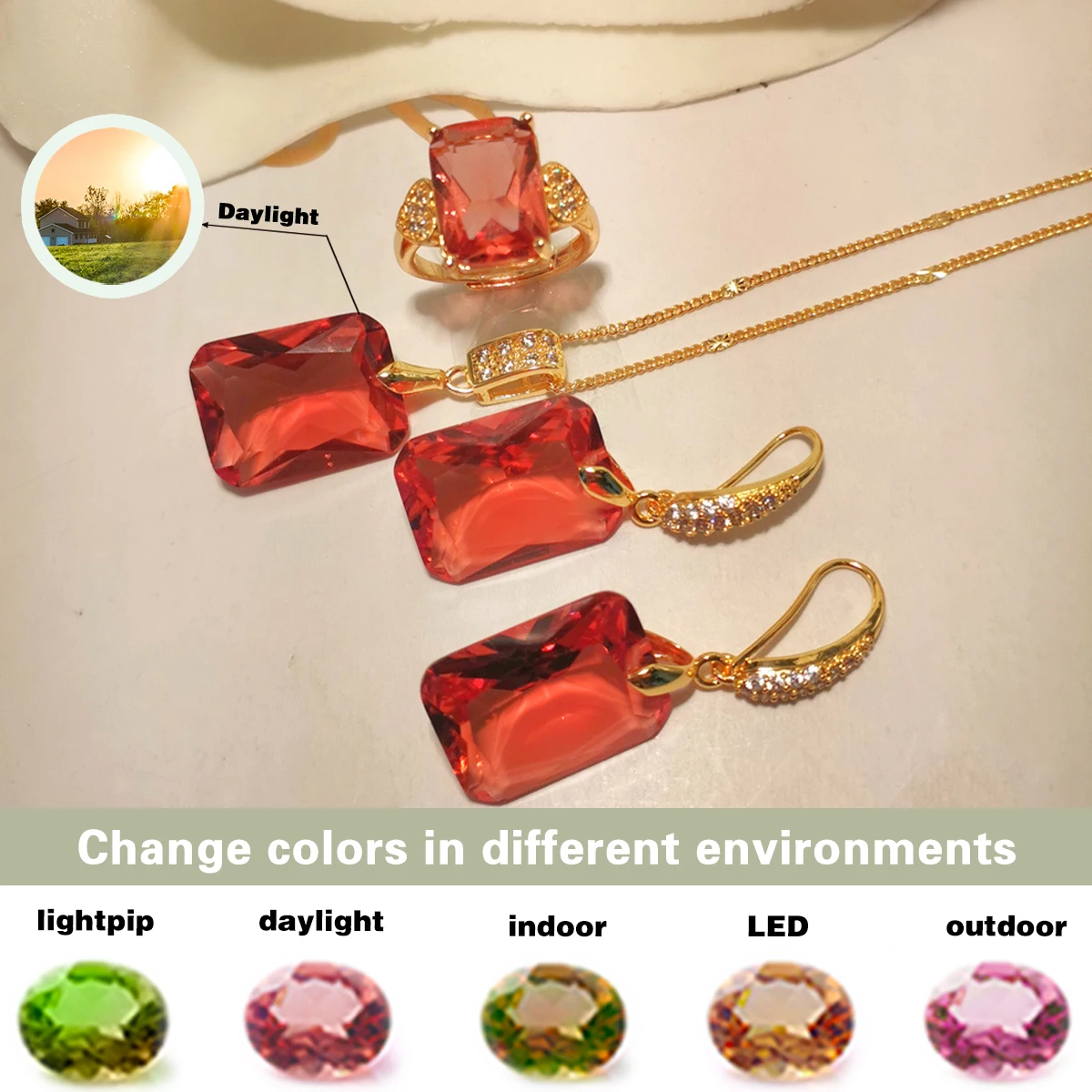 Color-change Sultanite Rectangular stone adjustable ring earrings necklace Jewelry Set for women change color in different light