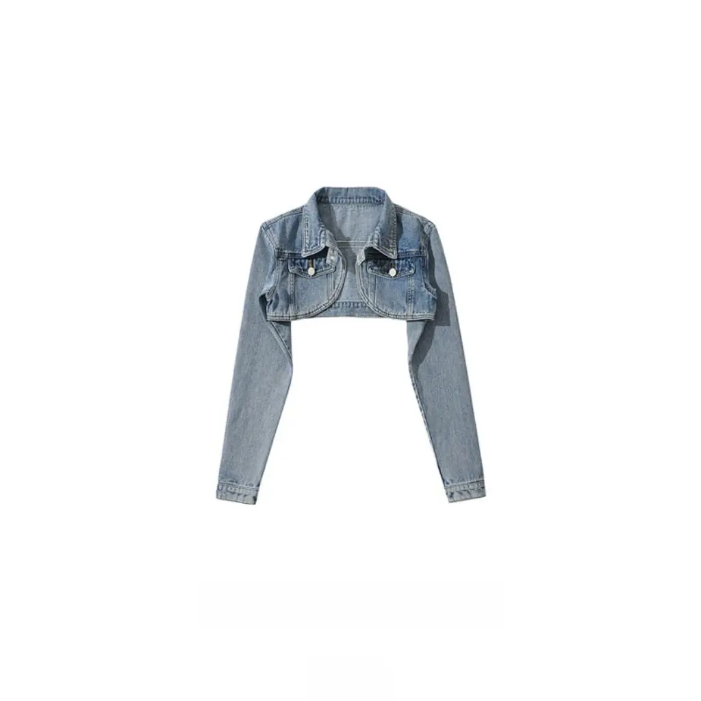 

Women's High Waist Super Short Denim Jacket American Style Hot Girl Shawl Design Retro Motorcycle All-match Outerwear