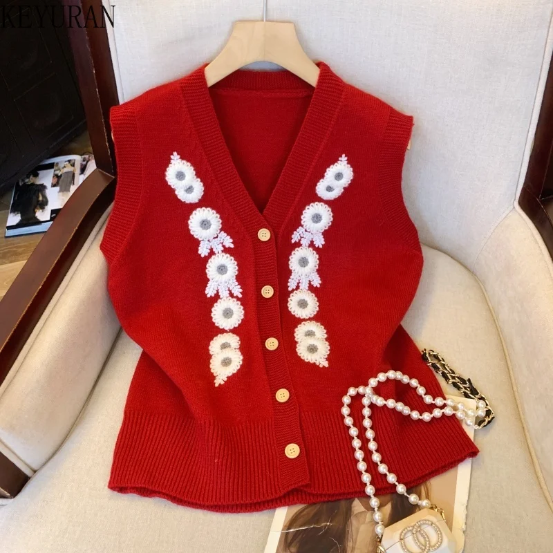 

Vintage Red Floral Jacquard Sleeveless Sweater Vest Women 2025 Autumn Korean V-neck Knitted Cardigan Chalecos Para Mujer Y2k Top