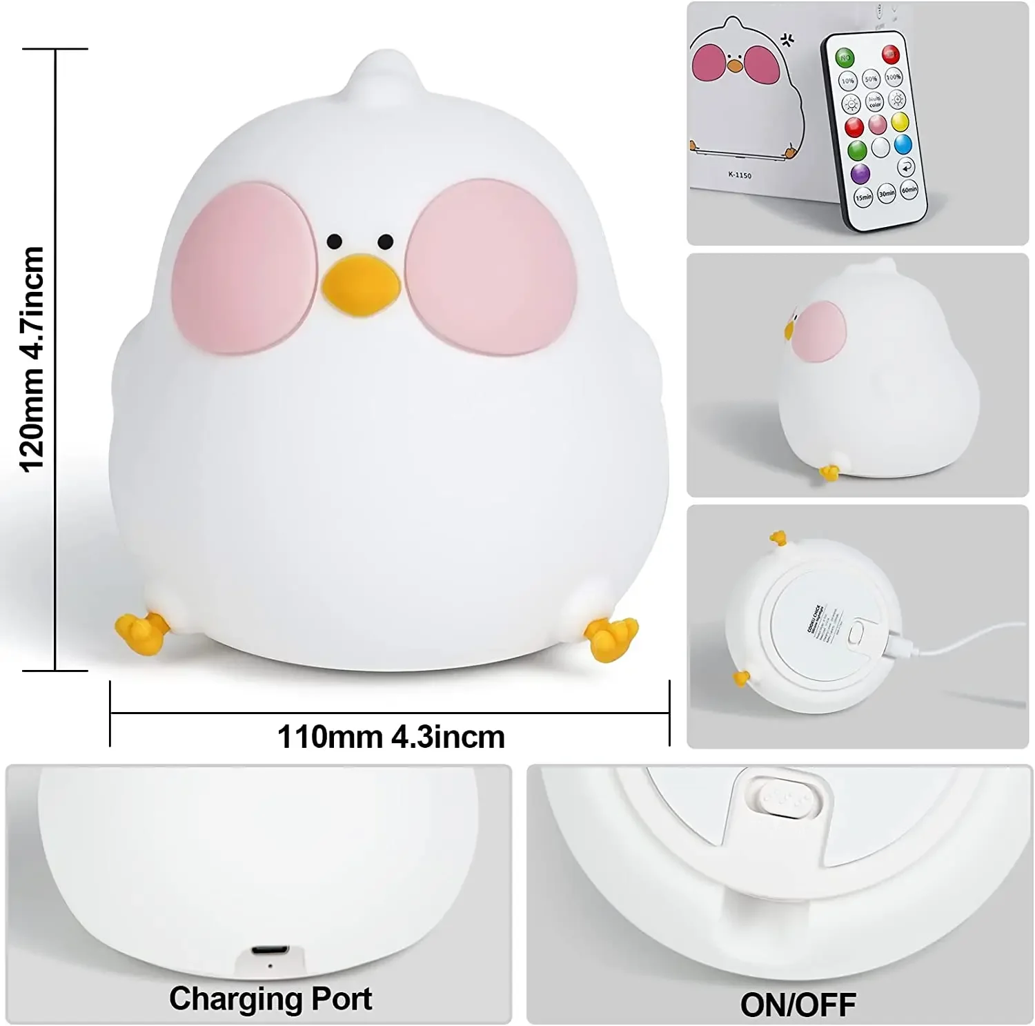 Cartoon Chicken Night Light Cute Baby Children\'s LED Nightlights USB Rechargeable Bedroom Kids Gift Touch Sensor Silicone Lamp