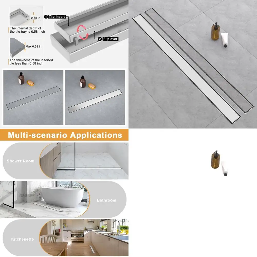 

60 Brushed Nickel Linear Shower Drain, 304 Stainless Steel with Tile Insert, Adjustable Feet, Hair Catcher for Bathroom & Balcon