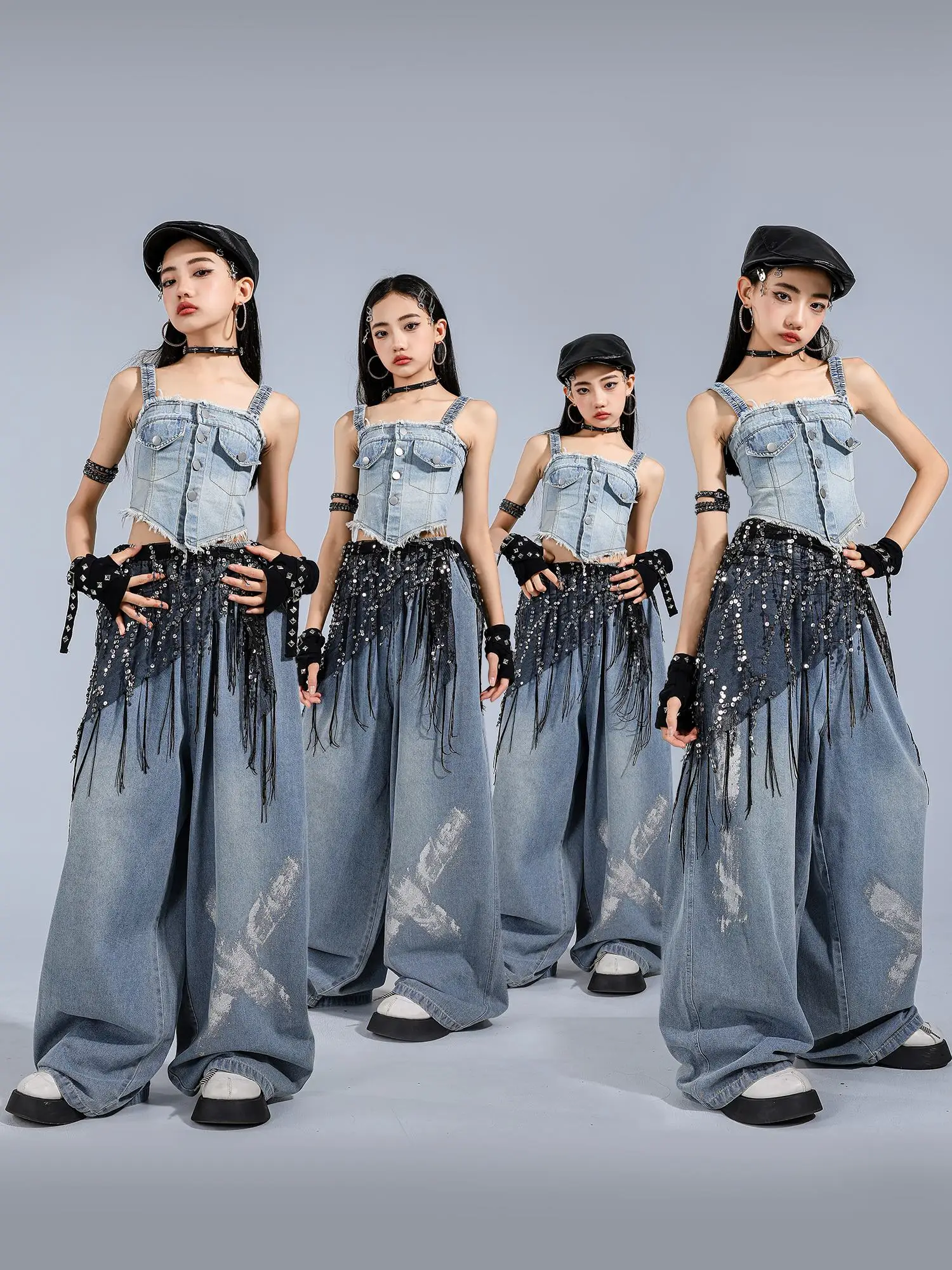

2025 Kids Kpop Hip Hop Dance Costume Girls Denim Suit Navel Vest Pants Jazz Performance Clothing Concert Stage Outfits BL16698