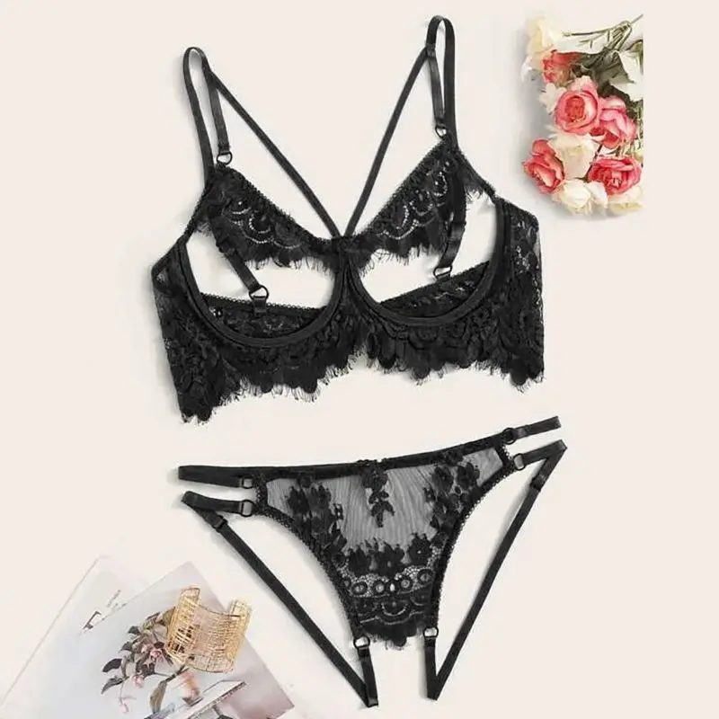 Open Cups Bra Set Lace Sexy Erotic Lingerie Women Underwear Porn Babydoll Dress Exposed Open Bra Crotchless Panties Set Babydoll