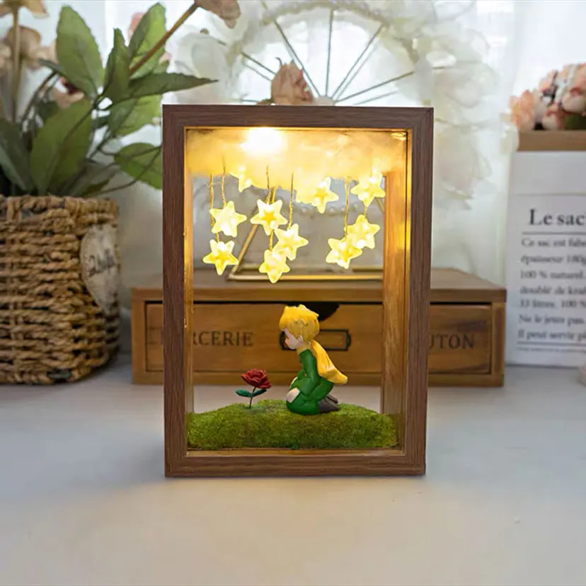 The Little Prince Night Light Handmade DIY Photo FrameStarry Fox Rose Fairy Tale Home Decor Bedroom Lamp Ornament Birthday Gift