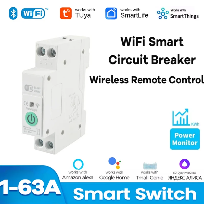 Tuya WiFi Smart Circuit Breaker MCB 1P+N 1-63A Timer Power Energy KWh Voltage Current Meter Protector Wireless Remote Control