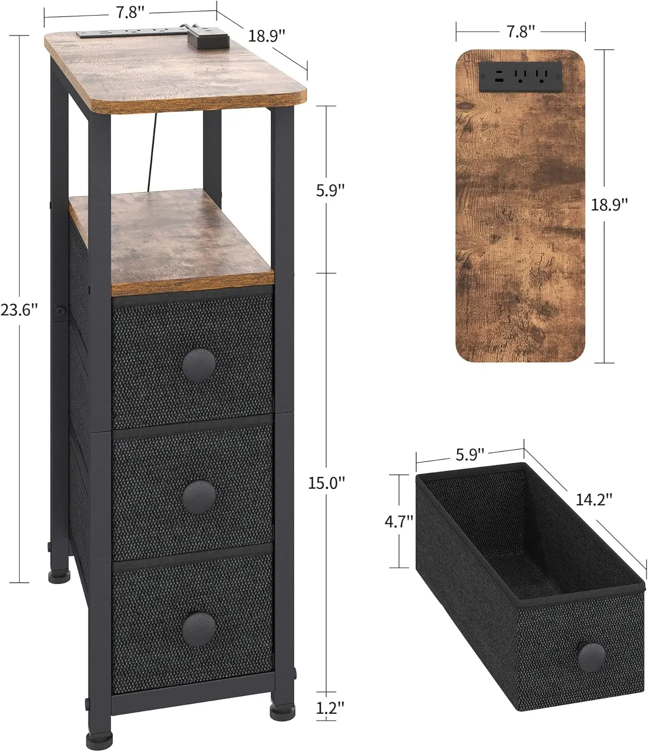 

End Table With Charging Station, Narrow Side Table With 3 Fabric Drawers, Slim Nightstand With Led Light, Small Bedside Table