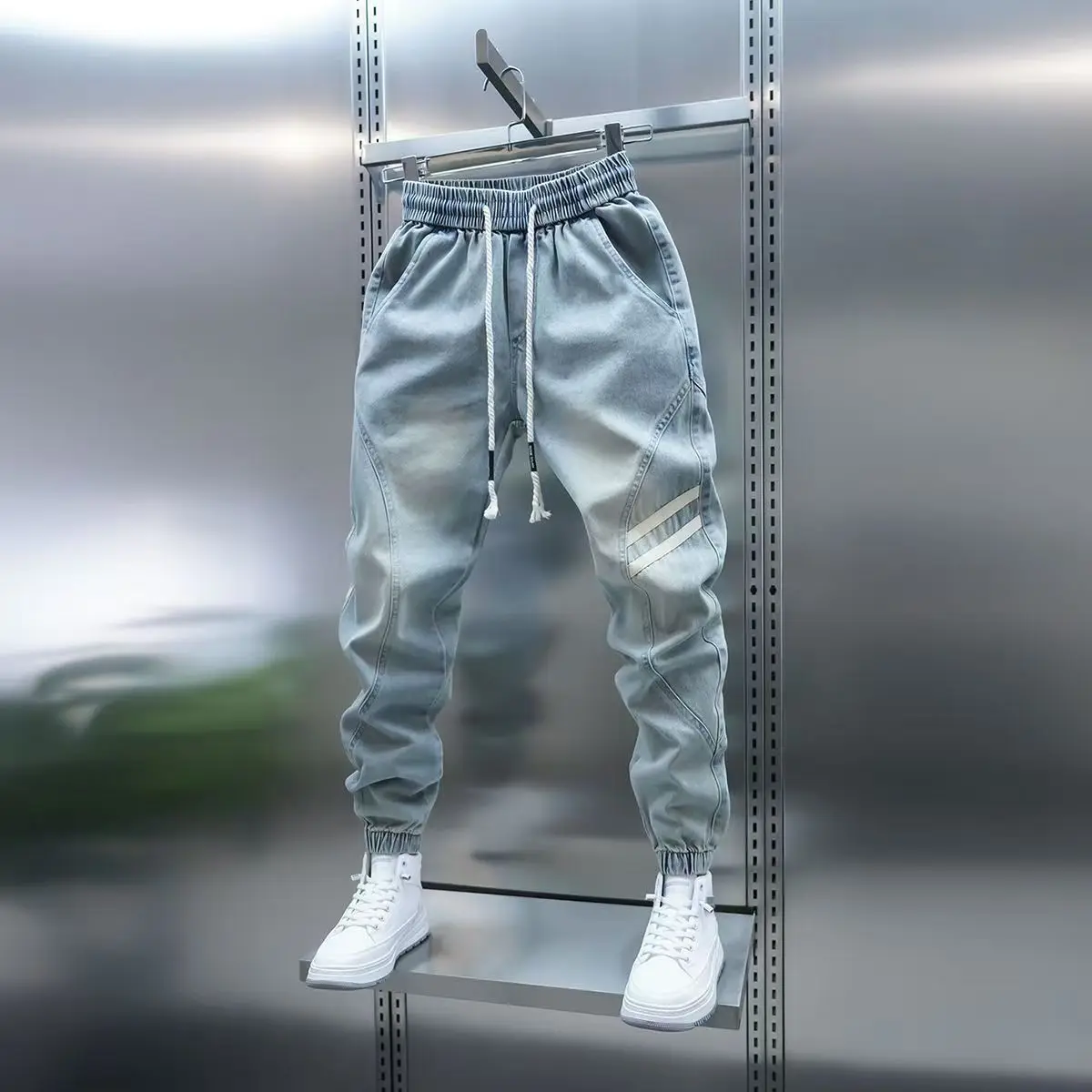 

Korean Style Streetwear Men's Elastic Cuffed Jogger Jeans, Fashion Loose Fit Harem Denim Pants, Drawstring Waist Trousers men