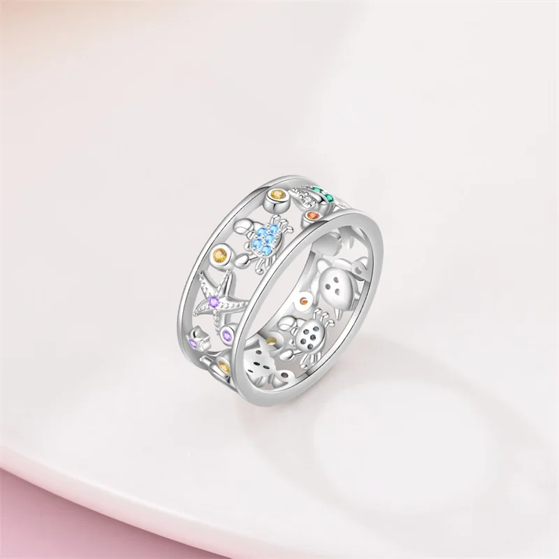 New 925 sterling silver four-leaf clover star moon ocean colorful hollow ring ladies fine engagement wedding party jewelry gift