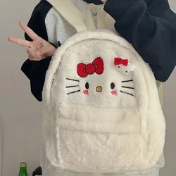 Mochila de dibujos animados de felpa de la serie Sanrio HelloKitt, bolso escolar de Anime lindo, bolso de hombro esponjoso, regalo de corazón para niña, estilo informal de moda