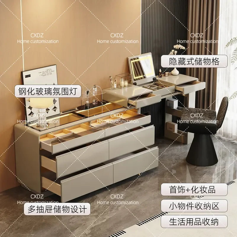 Italian Minimalist Dresser with Hidden Mirror Flip Cover Light Luxury Jewelry Cabinet Integrated Bedside Cosmetic Storage for
