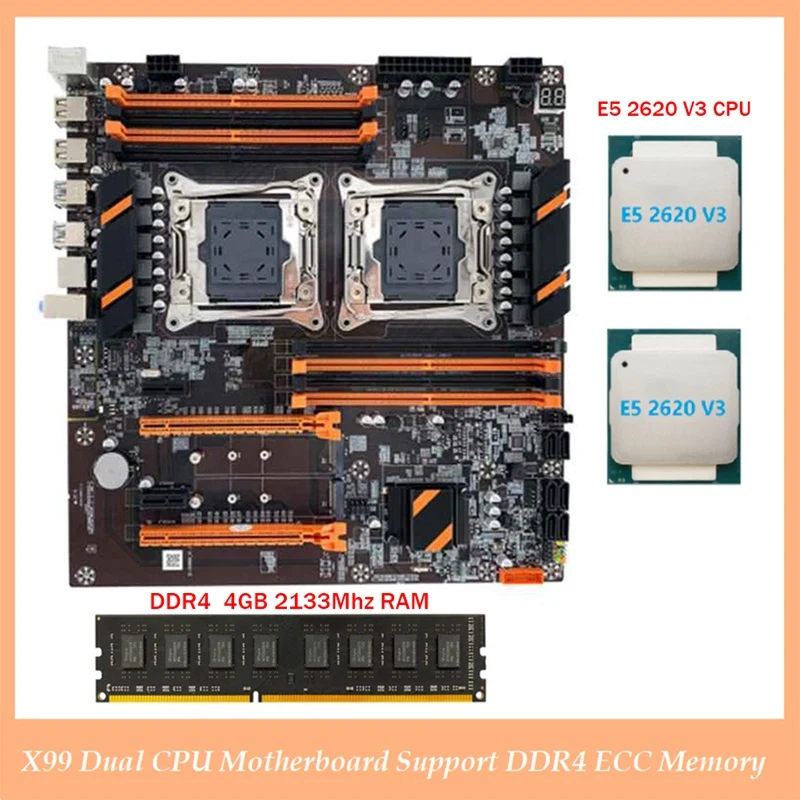 

Материнская плата X99 с двумя процессорами LGA2011, поддержка DDR4 ECC, материнская плата с 2x E5 2620 V3 ЦП + DDR4 4 Гб 2133 МГц ОЗУ