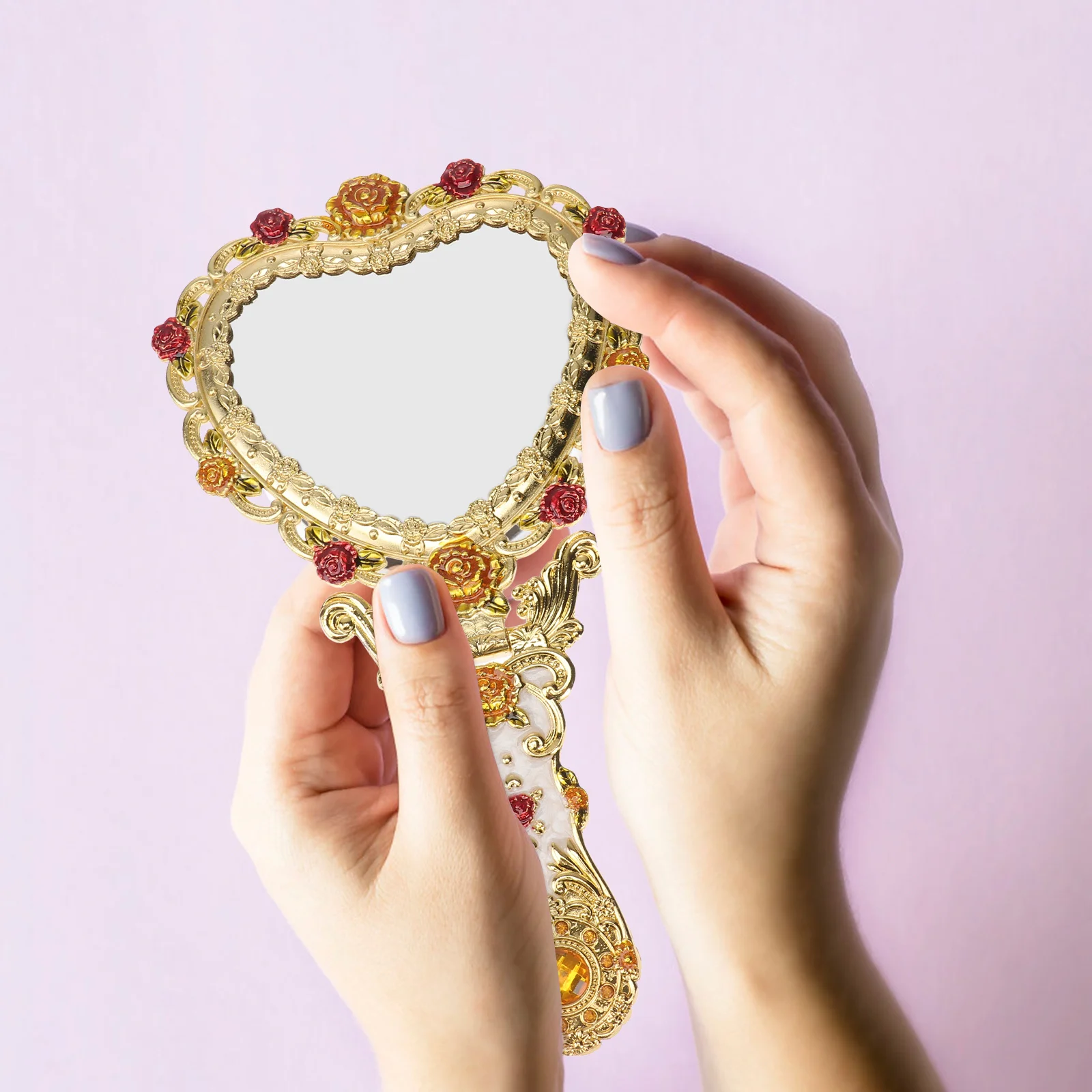 1 قطعة مرآة ماكياج يدوية عتيقة على طراز القصر الأوروبي مرآة رائعة على شكل قلب أداة تجميل مزخرفة متينة