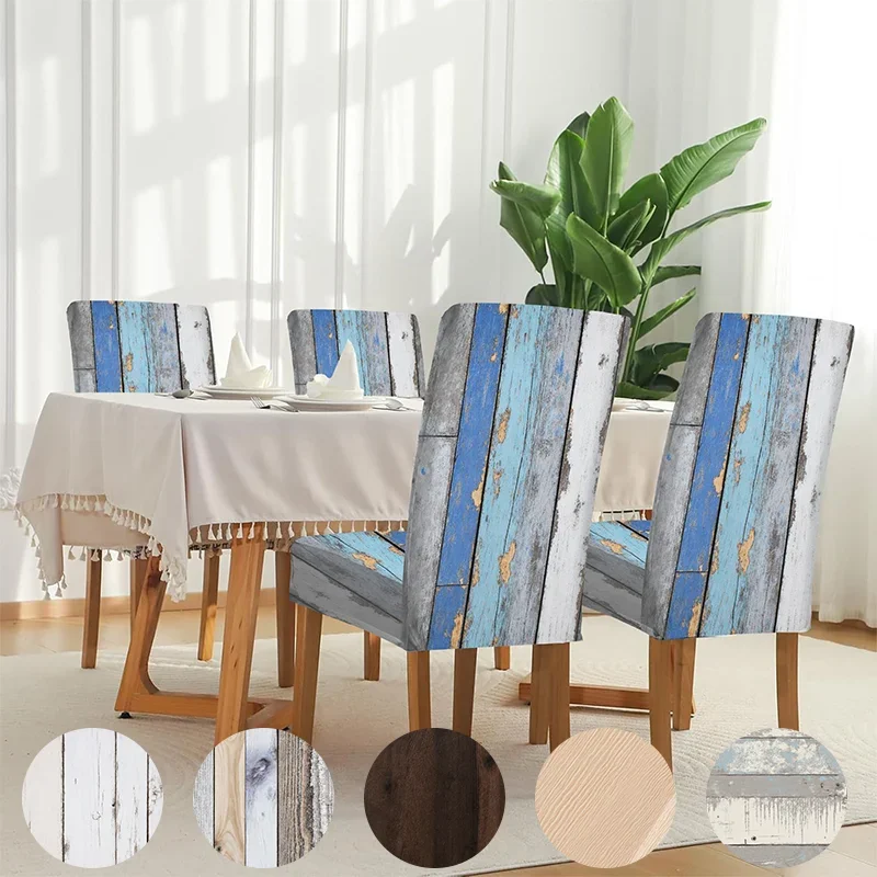 Elastic dining chair cover retro wood grain background texture decorative material removable, washable, home dining chair cover