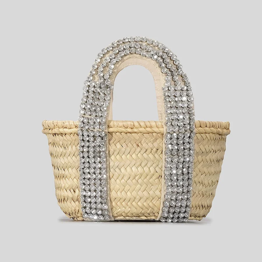 

Fashion Rattan Small Tote Bag Designer Rhinestone Wicker Woven Women Handbags Handmade Woven Summer Beach Bag Bali Purses 2023