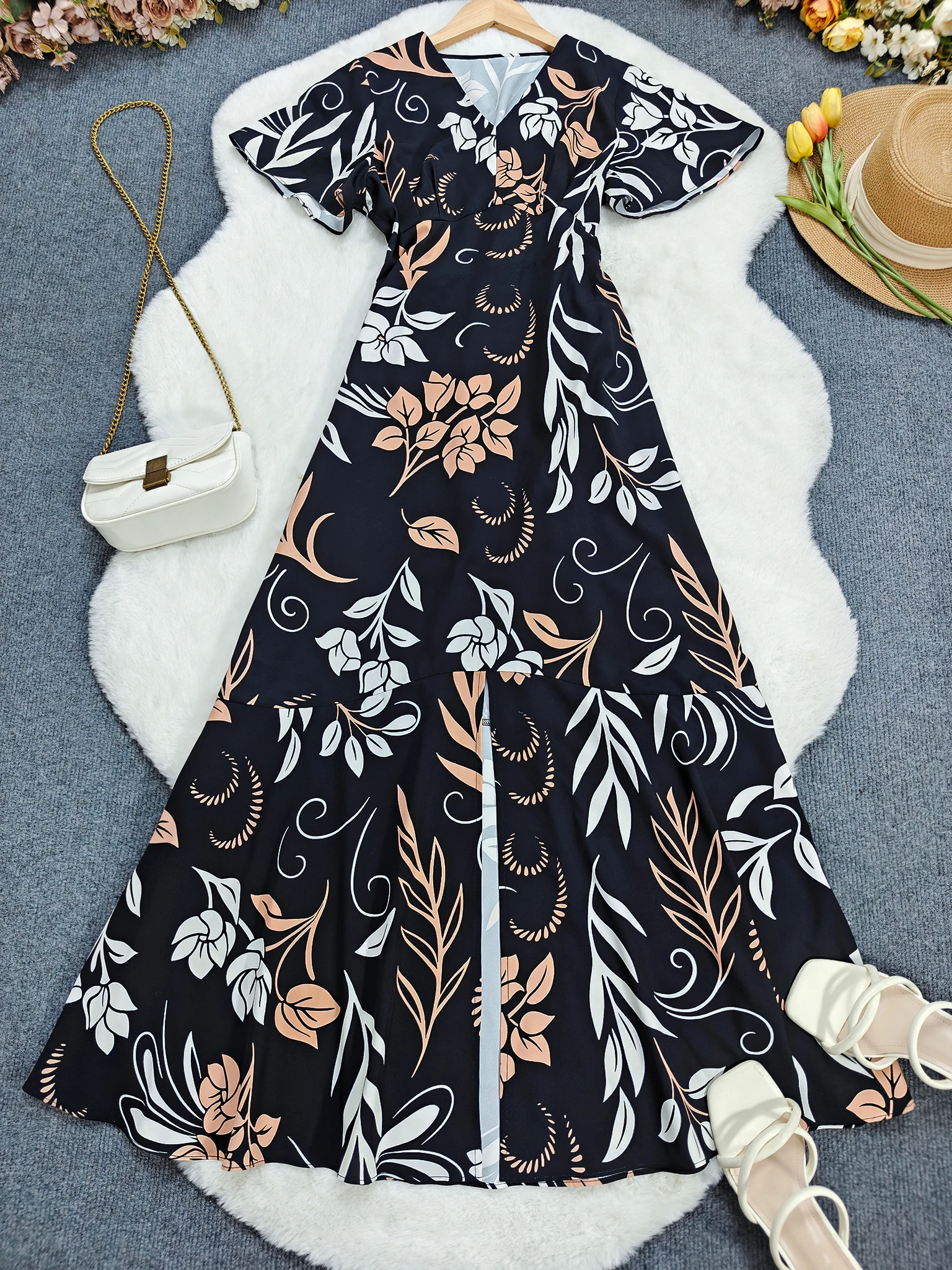 Abito lungo da donna a trapezio con stampa di foglie tropicali e vita grembiule - Abito da spiaggia Boho a maniche corte in nero/beige/marrone/per l'estate