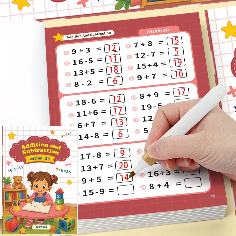 A Math Oral Calculation English Arithmetic Problem Book, A Math Addition and Subtraction Exercise Book Within 20, 32 Pages