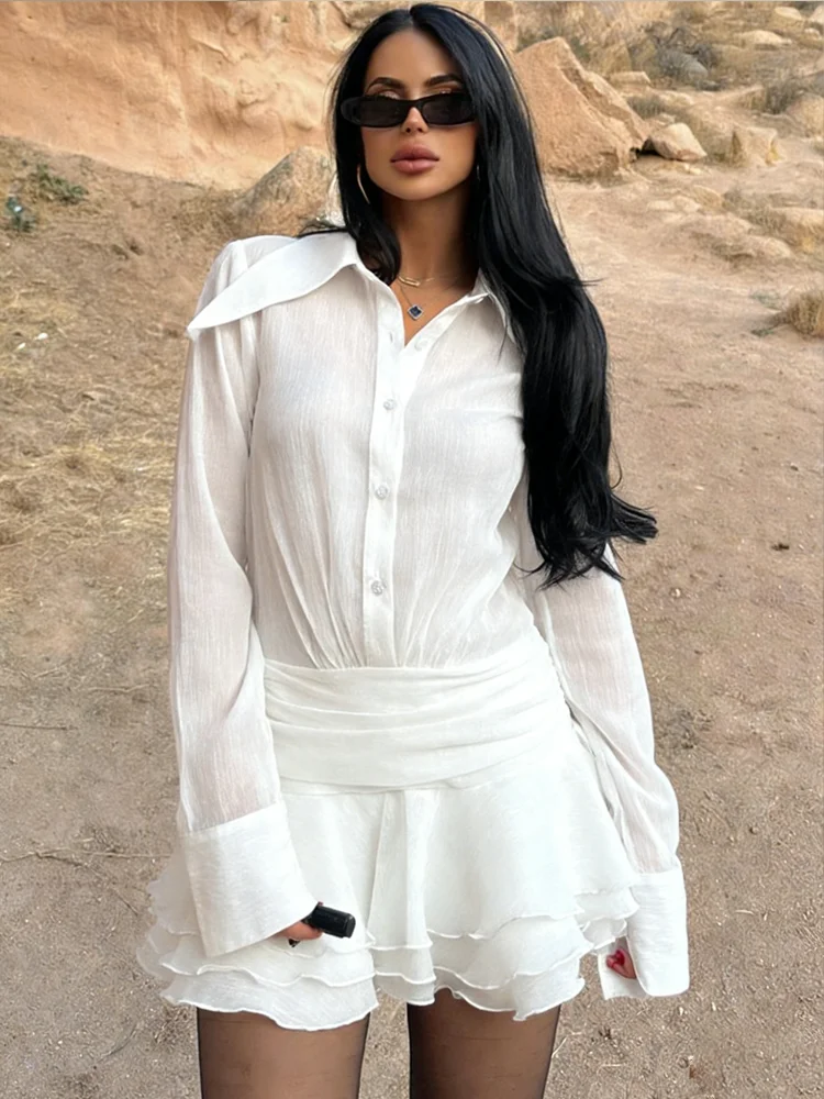 

Элегантное летнее женское платье Nibber Fashion: прозрачное, многоярусное, с отложным воротником, оборками, длинными рукавами, облегающее, для вечеринок