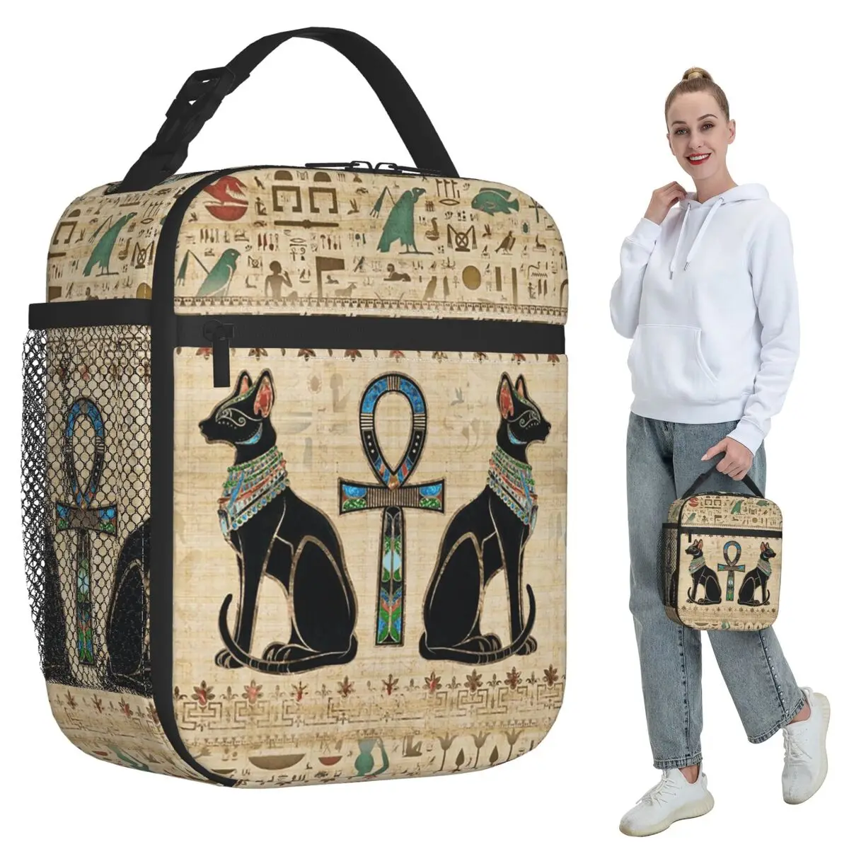

Egyptian Cats And Ankh Cross Insulated Lunch Bag for Kids School Cooler Thermal Food Box Tote Portable Lunch Boxes Container