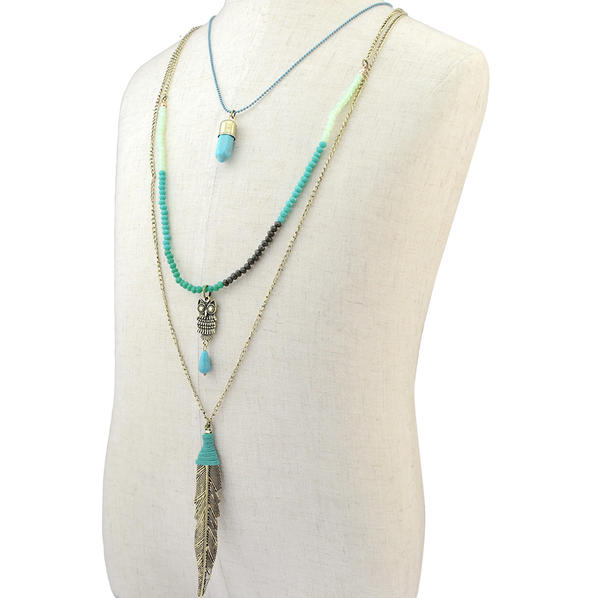 Sense Of Level Long Necklace Leaf Owl Pinecone Cone Bead String Alloy Imitation Turquoise Bohemia Autumn Lovely Lady Accessories