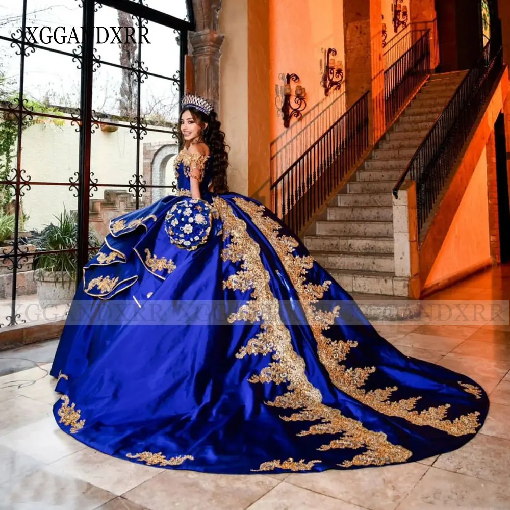 Robe de Quinceanera bleu royal, 15 appliques de dentelle dorée, chérie en cristal, princesse Sweet, robe de Rhd'anniversaire, 2024