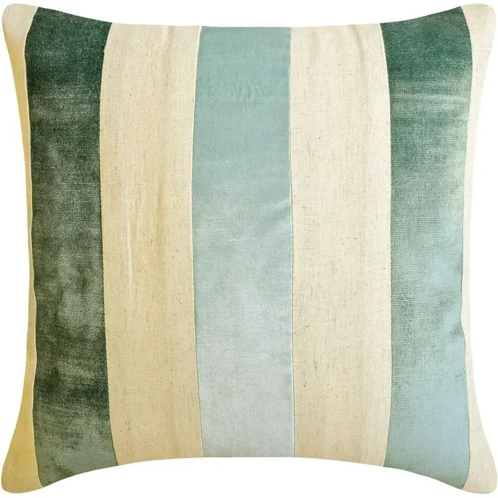 

Blue Velvet Striped & Linen Throw Pillow Covers, Set of 2, 24x24 Patchwork Cushion Covers
