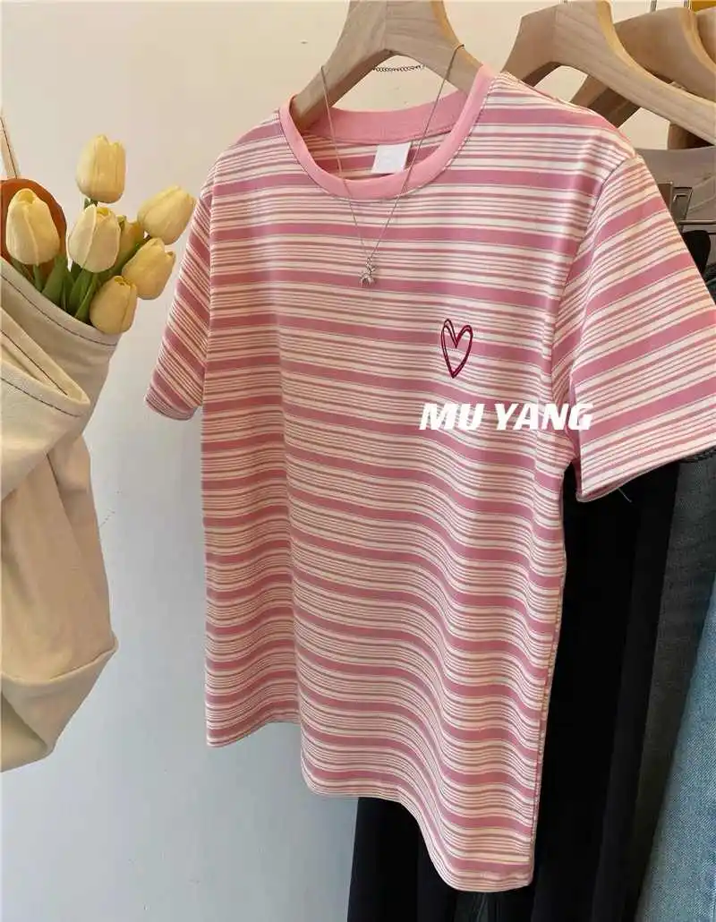 Летняя полосатая женская футболка больших размеров в стиле ретро с круглым вырезом, универсальные топы, свободные шикарные повседневные топы с короткими рукавами