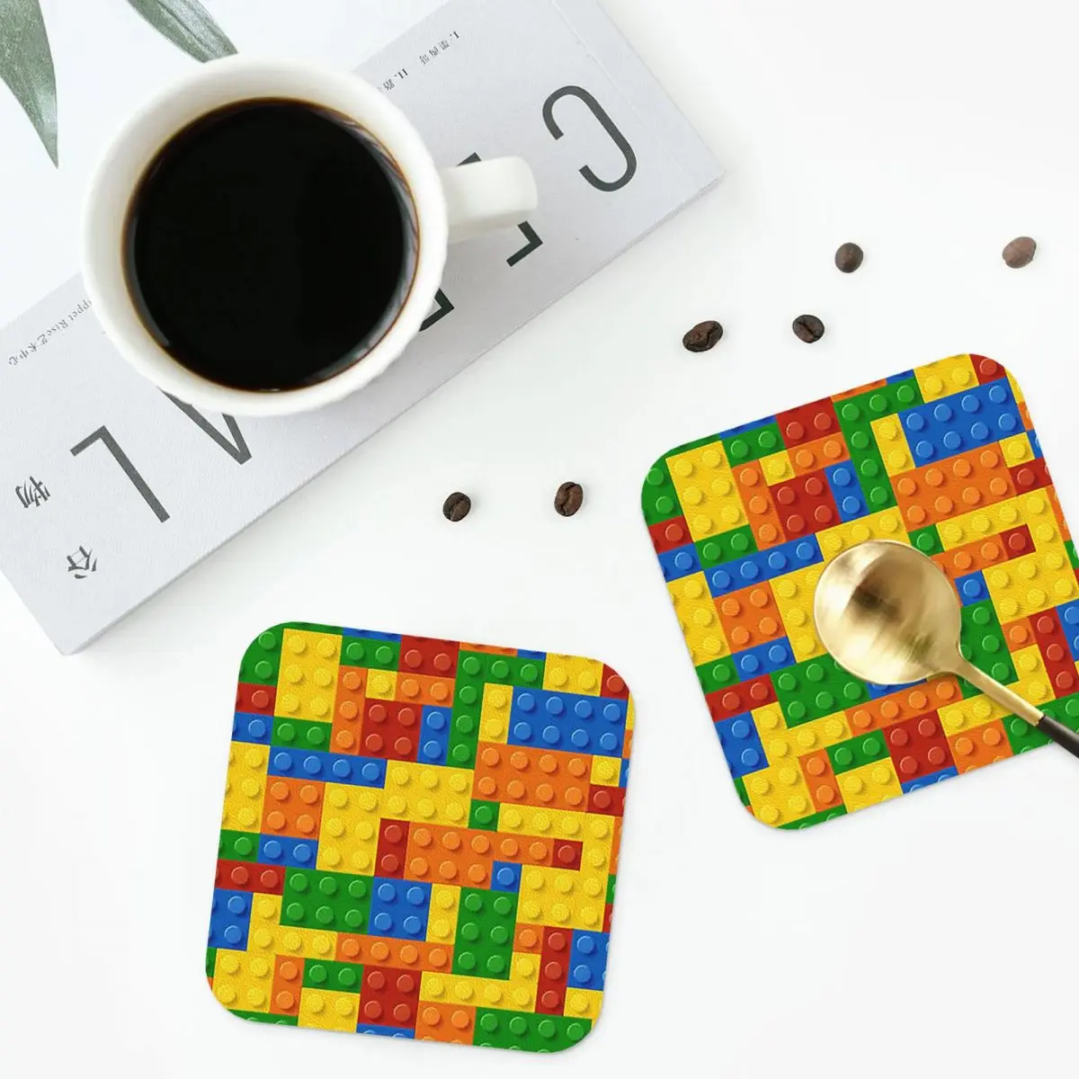 Building Blocks Construction Brick Coasters Leather Placemats Waterproof Insulation Coffee Mats For  Pads Set of 4