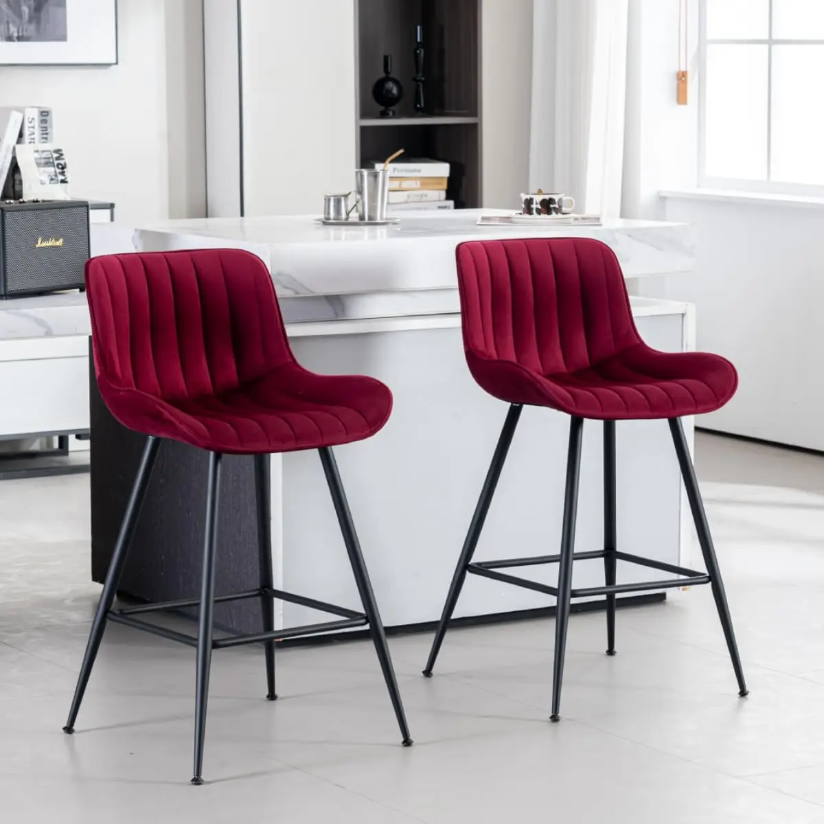 

Bar Stools Set of 2 - Burgundy Counter Height Bar Stools Velvet Fabric Upholstered Bar Stools 24 Inches Seat Height Barstools wi