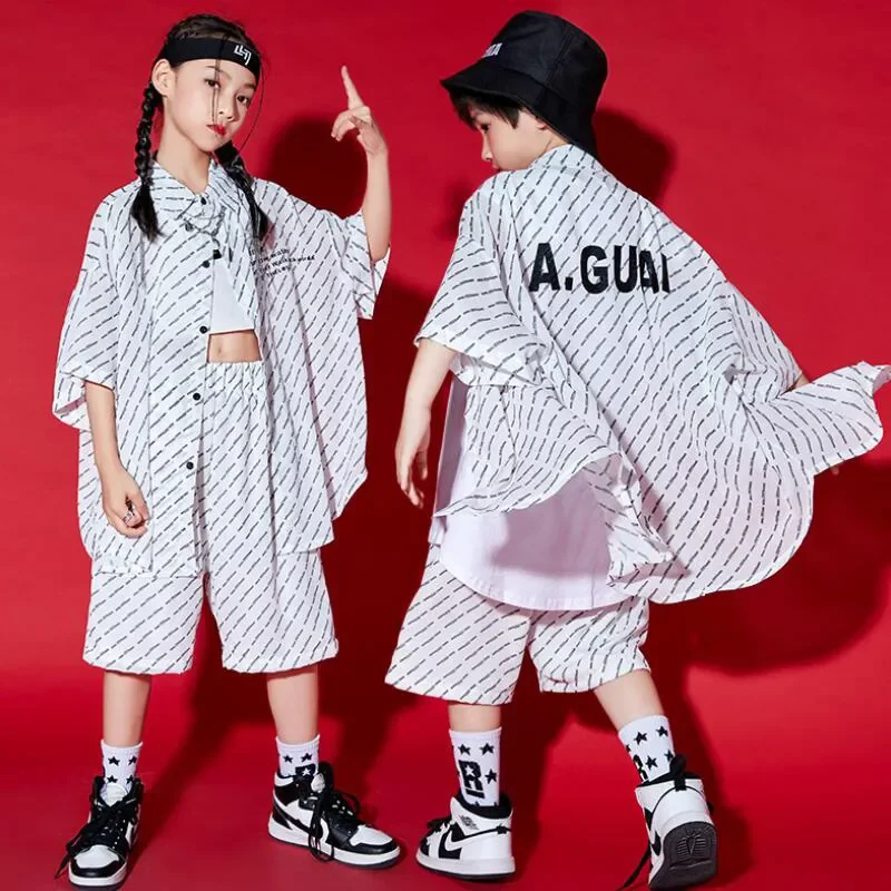 Summer Shorts For Girls Boy Stage Jazz Dance Costume Clothes Kids Hip Hop Clothing Print Oversized Harajuku Shirt Top Streetwear