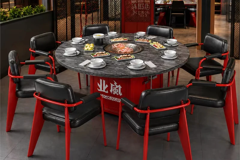 #Custom Logo Industrial Restaurant Table Set with Oil Drum Design, Dining Furniture for Brand Store Use