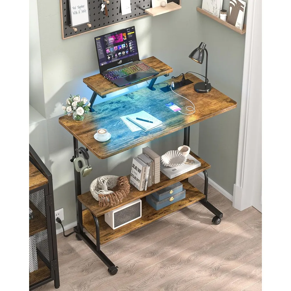

Height Adjustable Standing Desk with Power Outlets and LED Lights - 32" Manual Stand Up Desk with Monitor Stand and Storage Shel
