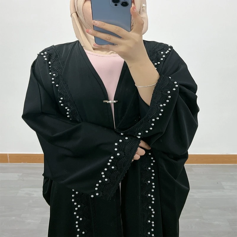 

Modest Muslim Kaftan Open Front Maxi Dress Summer Dubai Abaya with Crystal Embellishments women's long turkish winter jacket