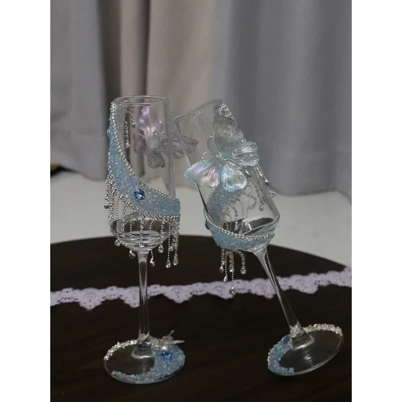 Blue Galaxy Glass Champagne Glass Creative Wedding Toast Cup Rhinestone Tassel Wedding Gift for Girlfriend DIY Material