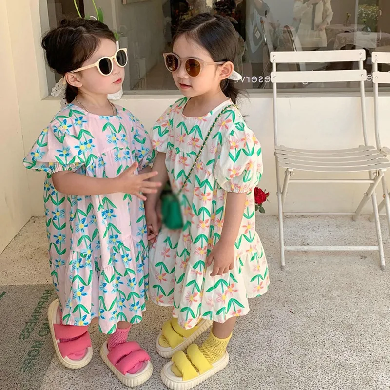 Summer New Girls Dress Round Neck Puff Sleeve Floral Flower Print Long Dress Children Clothes Kids