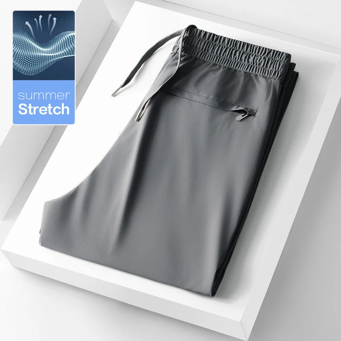 

Брендовая одежда, летние тонкие эластичные мужские повседневные брюки с эластичной резинкой на талии, прямого кроя, серые, черные брюки, мужские размеры M-4XL