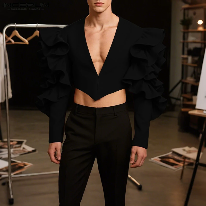 INCERUN Men Irregular Blazer Ruffle Solid Color Long Sleeve Deep V Neck Crop Suit Men Streetwear 2025 Fashion Casual Male Blazer