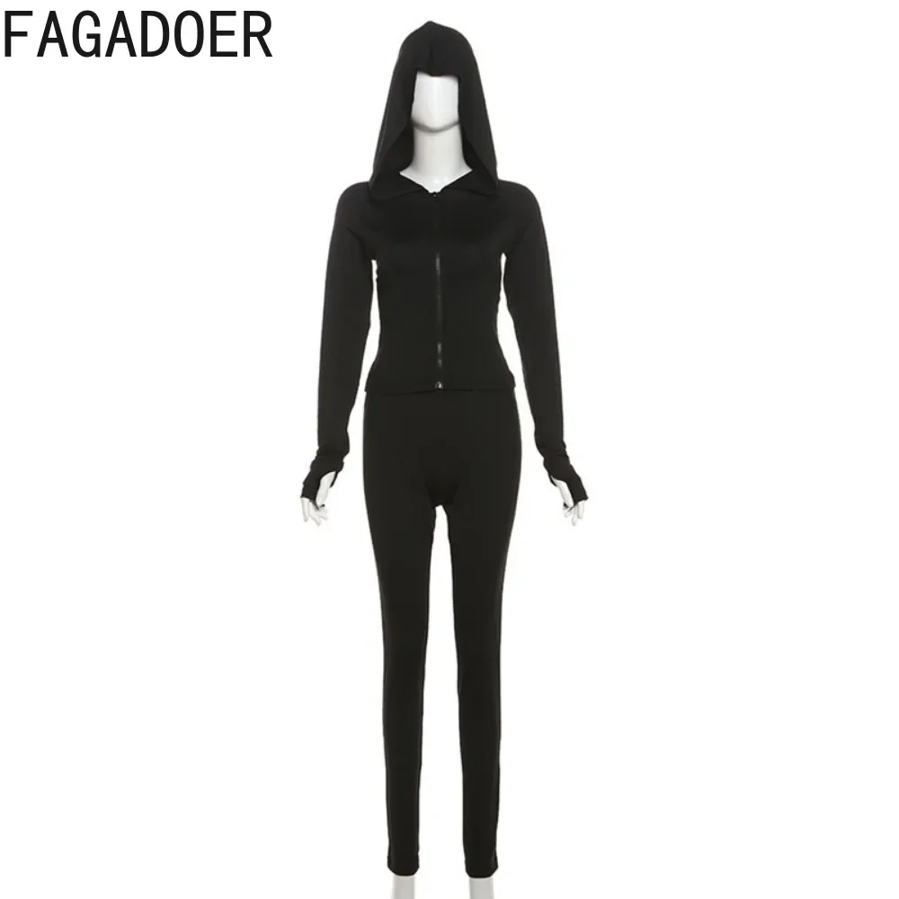 FAGADOER Fashion Solid Bodycon Sporty Two Piece Sets Women Zipper Hooded Long Sleeve Crop Top And Skinny Pants Outfits Clothing