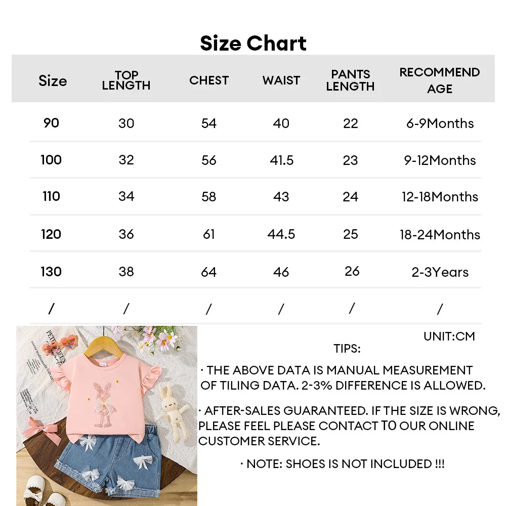 مجموعة ملابس لـ 0-3 سنوات طفلة لطيف الكرتون نمط القوس قصيرة الأكمام أعلى + الدنيم السراويل الصيف زي لفتاة طفل #5