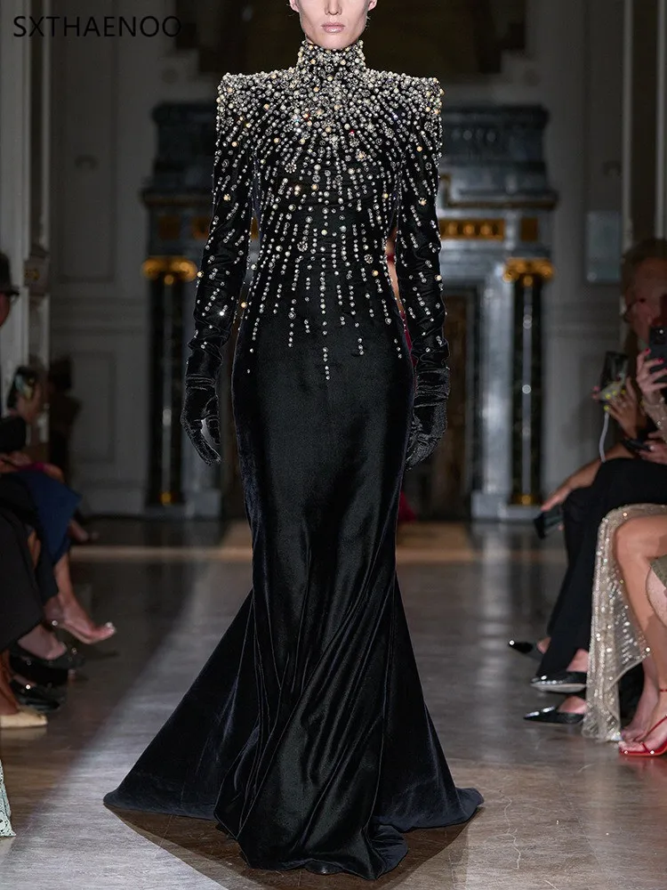 SXTHAENOO 2025 vestido de noche adornado negro de manga larga para mujer elegante vestido de fiesta de graduación de sirena con cuentas y cuello simulado