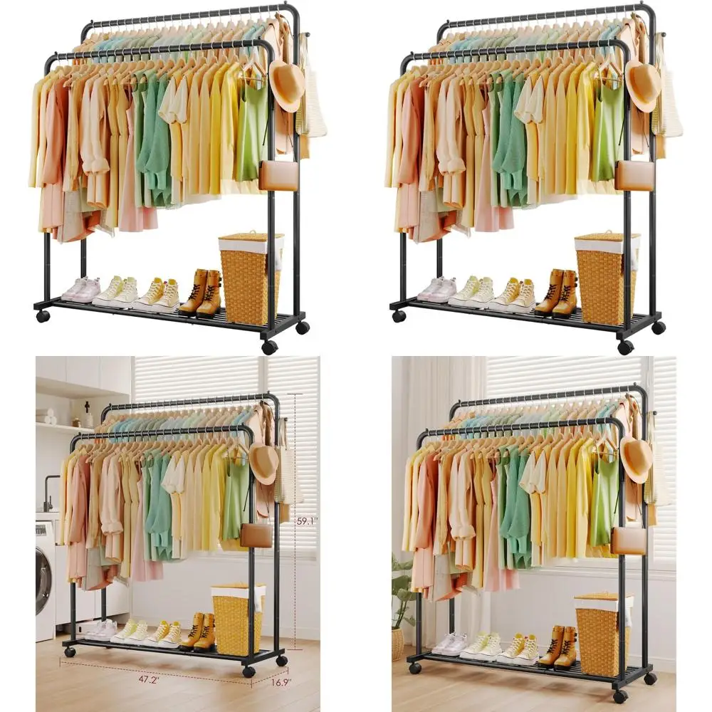 

Металлическая вешалка для одежды с двумя штангами, сетчатой полкой, крючками, колесиками и функцией для хранения белья, черная, 47.2 x 16.9 x 59.1