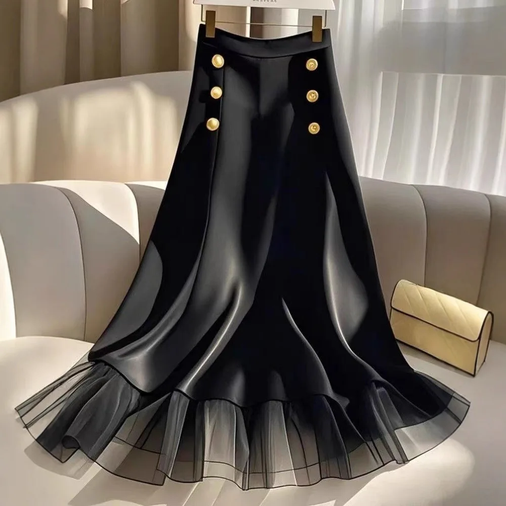 

2026 New Women Elegant High Waist A Line Midi Skirt Satin Button Detail Mesh Patchwork Pleated Fishtail Skirt Casual Party