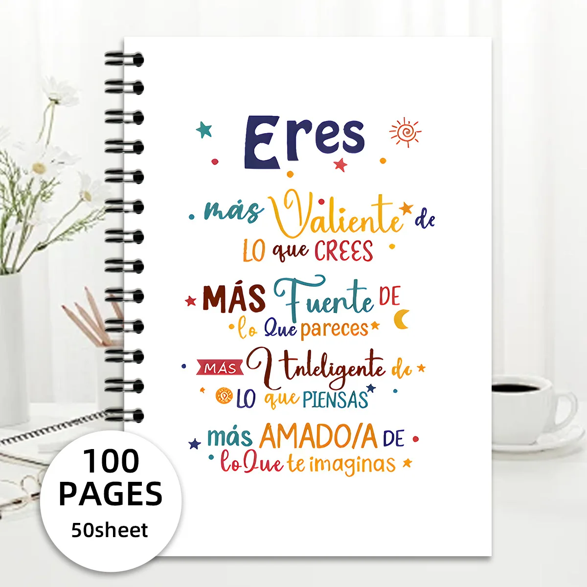 

Spanish Inspirational Spiral Notebook 100 Pages Lined Journal Positive Affirmations Self Care Motivational Gift