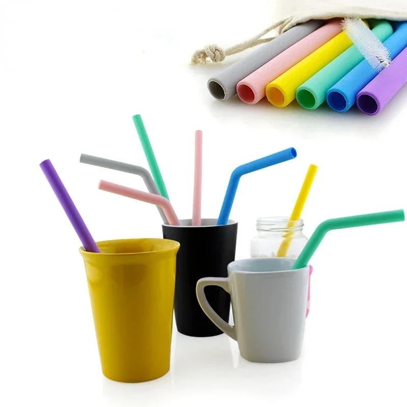 Reusable Food Grade Silicone Straws Straight Bent Drinking Straw with Cleaning Brush Set Party Bar Accessory with Box